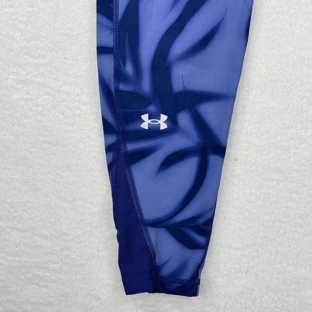 Under Armour Leggings Kids YXL Blue Palm Print HeatGear Athletic Tights